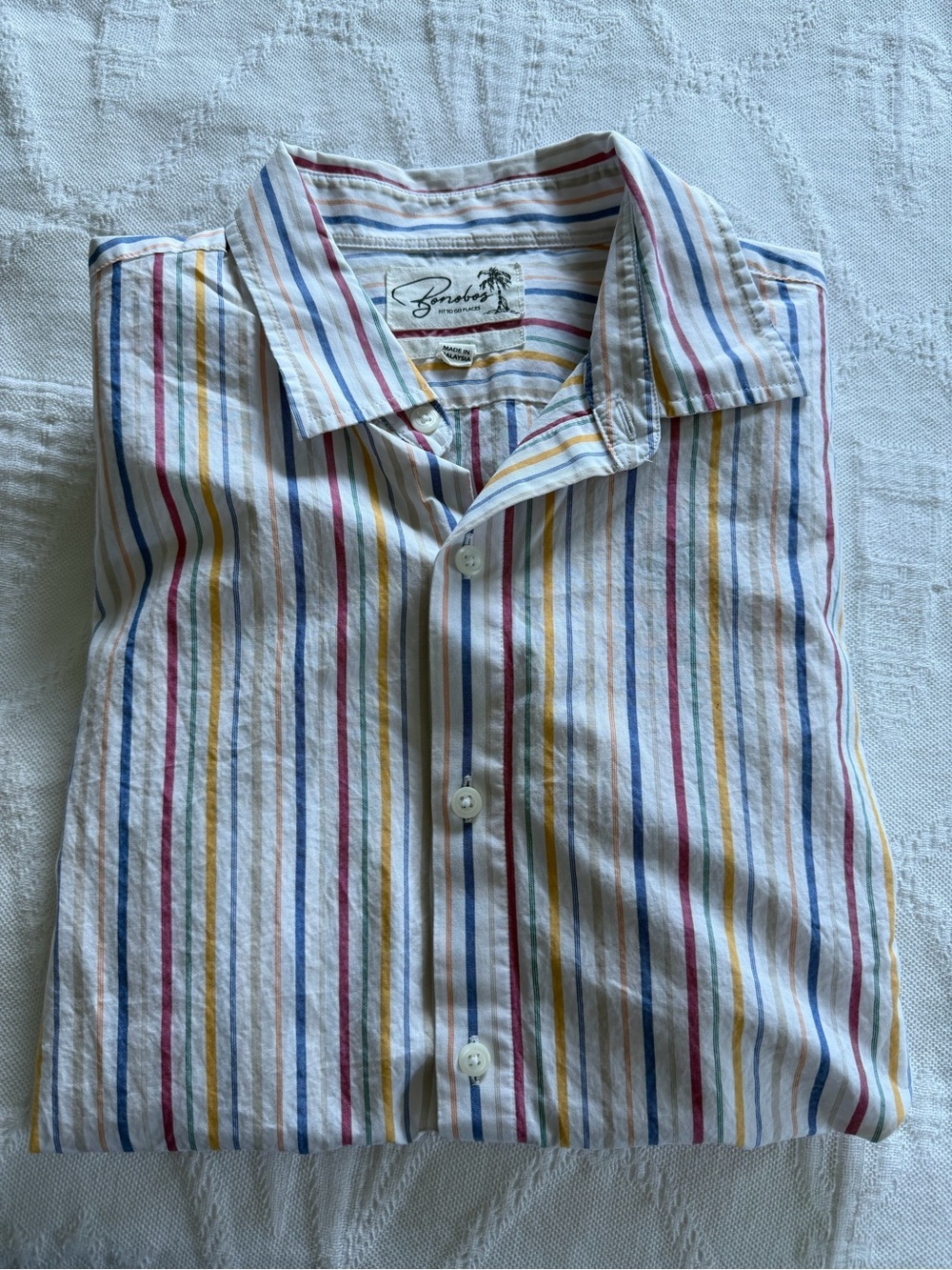 Bonobos White Short-Sleeve Button-Up Shirt with Blue, Red & Yellow Stripes